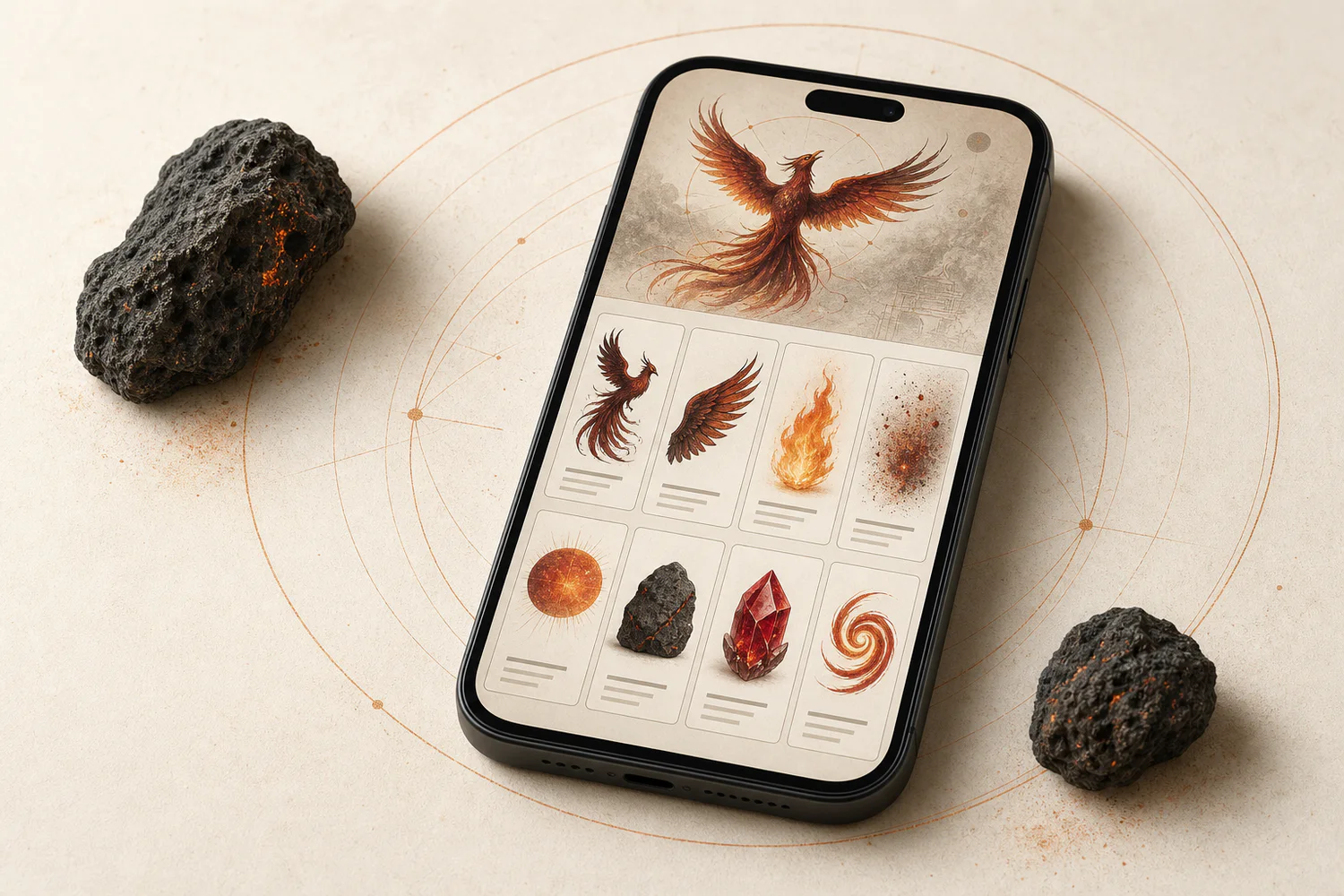 Editorial composition of a smartphone displaying phoenix, flame, wing, stone and crystal studies in a visual atlas